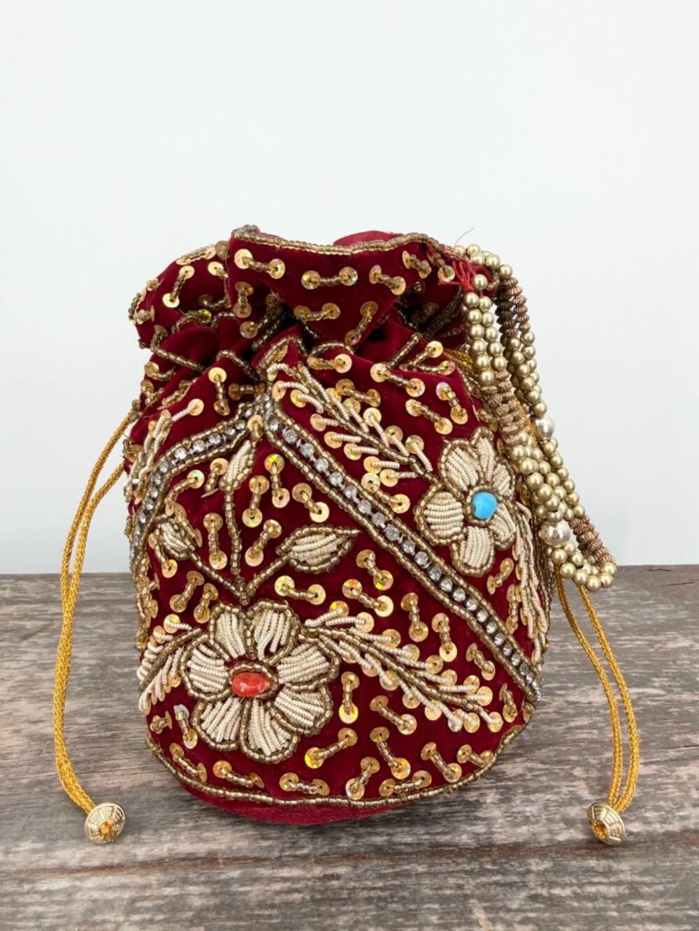 Traditional Indian Potli Drawstring Bag Red Velvet Beaded Sequin Rhinestone